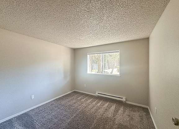 A room with a carpeted floor and a window.