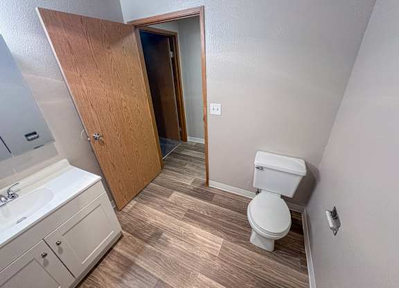 A bathroom with a toilet, sink, and wooden floor.