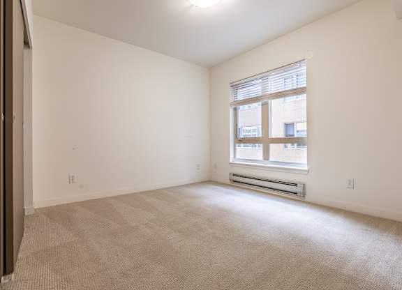 A room with a window and a carpeted floor.