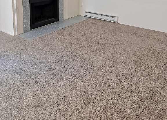 A room with a fireplace and a carpeted floor.