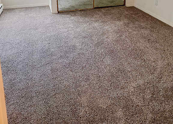 A room with a carpeted floor and a sliding glass door.