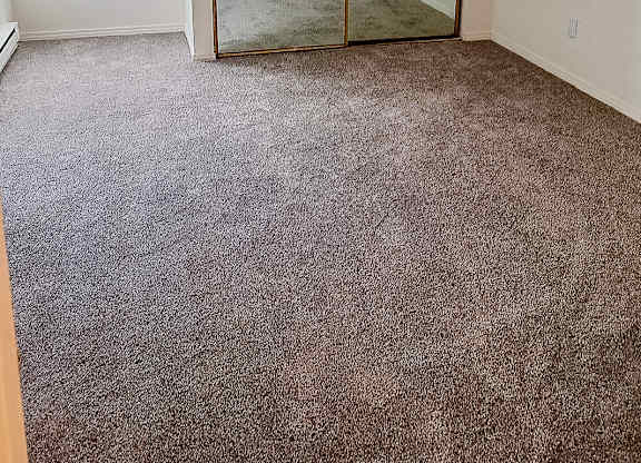 A room with a carpeted floor and a sliding glass door.