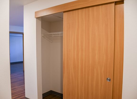 A wooden closet door is open.