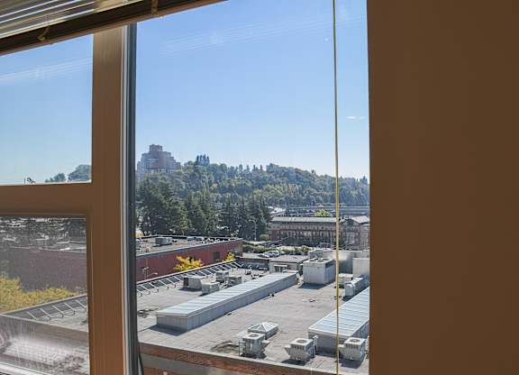 A view from a window looking out at a parking lot and a hill with trees.