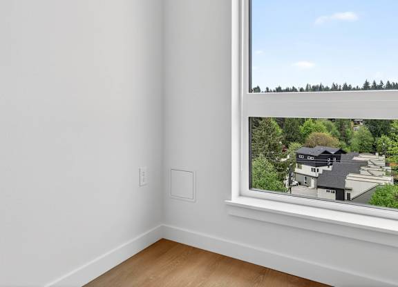 Corner of the living room window with a view at Victory Northgate Apartments, Washington