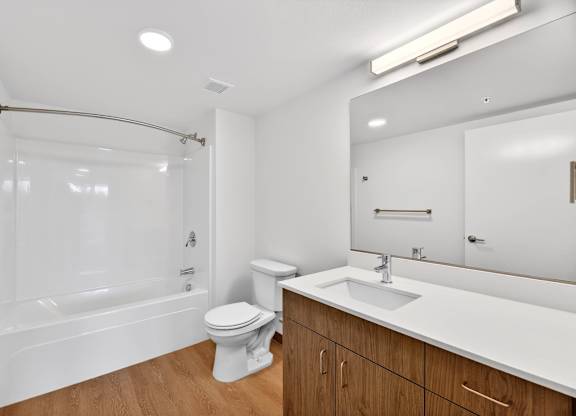 Interior bathroom with vanity at Victory Northgate Apartments, Seattle, Washington