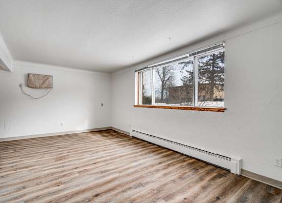 A room with a window and a radiator on the wall.