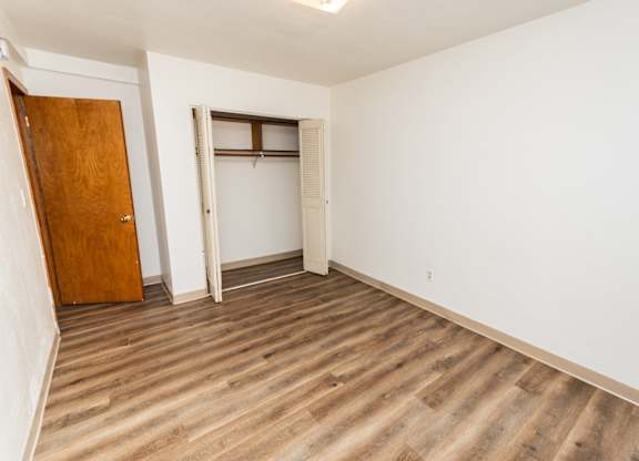 A room with a wooden floor and a brown door.