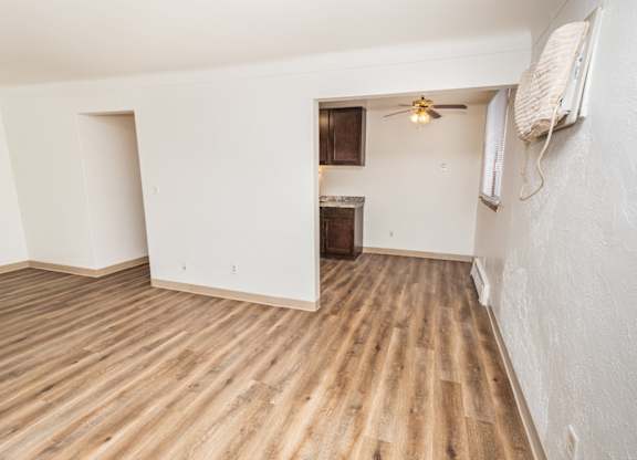A room with wooden flooring and a small closet with a door.