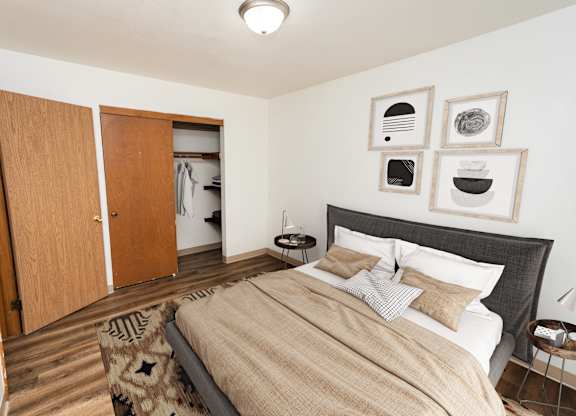 A bedroom with a bed, a rug, and a wardrobe.