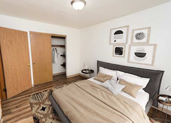 A bedroom with a bed, a rug, and a wardrobe.