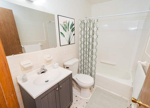 A bathroom with a toilet, sink, and shower.