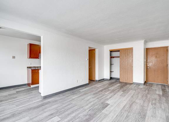 A room with a white wall and a brown door.