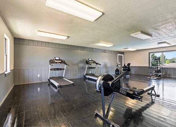 A gym with a row of treadmills and a row of stationary bikes.