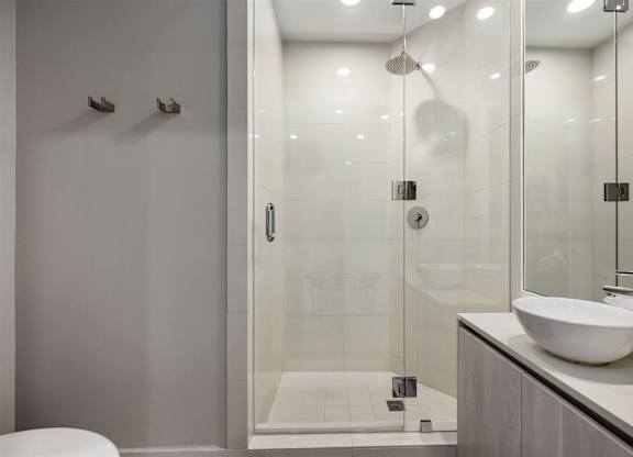 A modern bathroom with a walk-in shower and a white toilet.