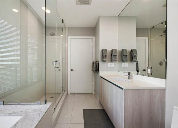 A modern bathroom with a walk-in shower and a large mirror.