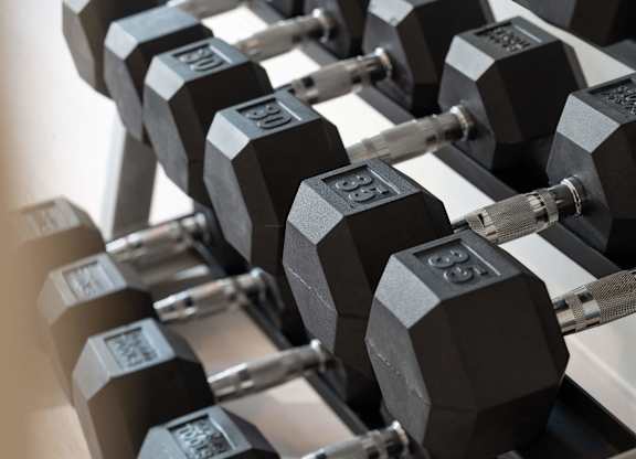 A set of black dumbbells are lined up on a rack.