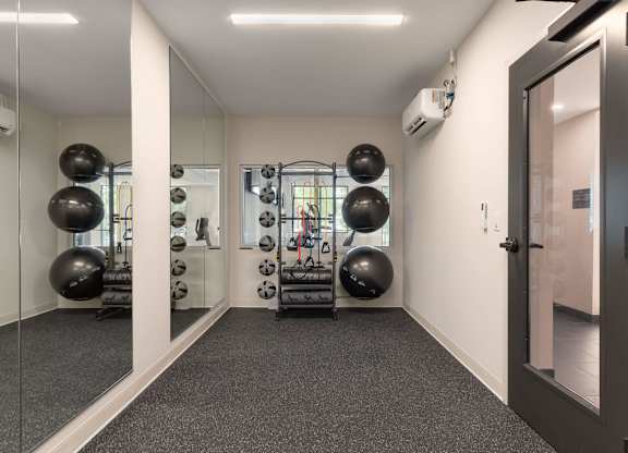 A gym with a mirror, weights, and exercise balls.
