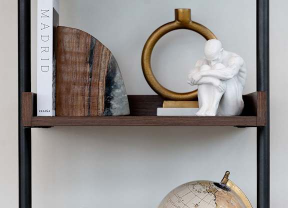 A shelf with a globe, a vase, a plant, and a book.