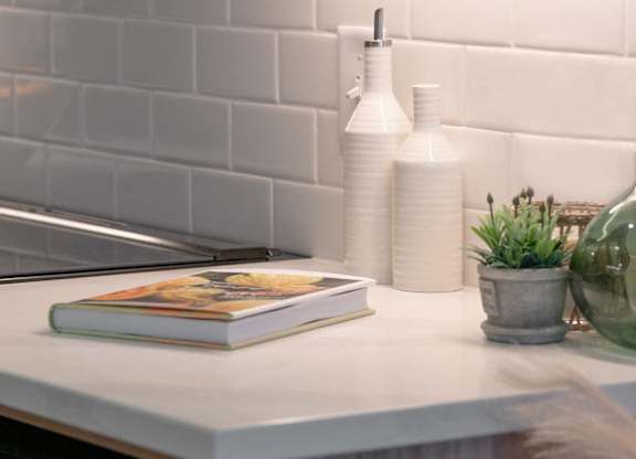 A kitchen counter with a book, a potted plant, and some bottles.