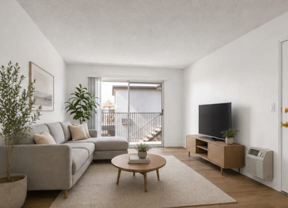 A living room with a grey couch, a coffee table, a flat screen TV, and a potted plant.