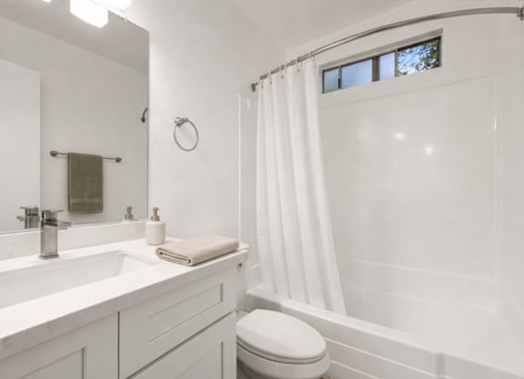 A white bathroom with a toilet, sink, mirror, and a plant.