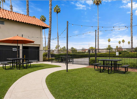 A patio area with picnic tables and a pathway.