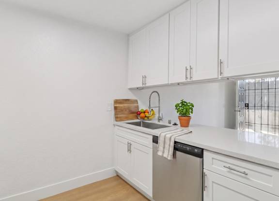 A kitchen with white cabinets and a stainless steel dishwasher.