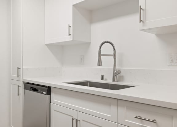A kitchen with white cabinets and a silver dishwasher.