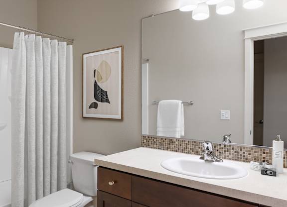 A bathroom with a white toilet, a sink, and a mirror.