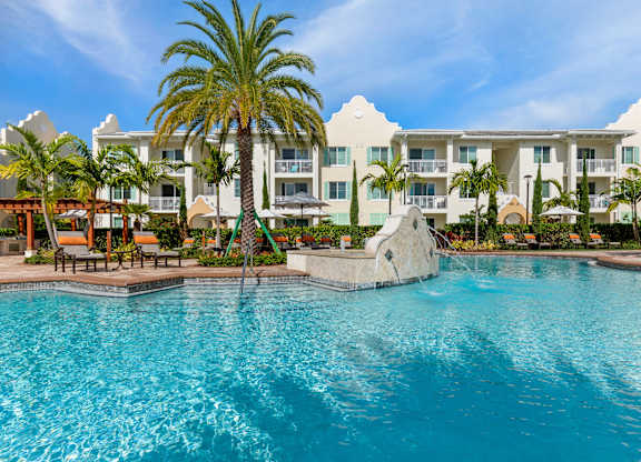 A large swimming pool in front of a white building with a palm tree.