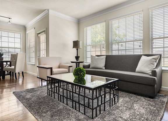 A living room with a grey couch, a black and white coffee table, and a grey rug.