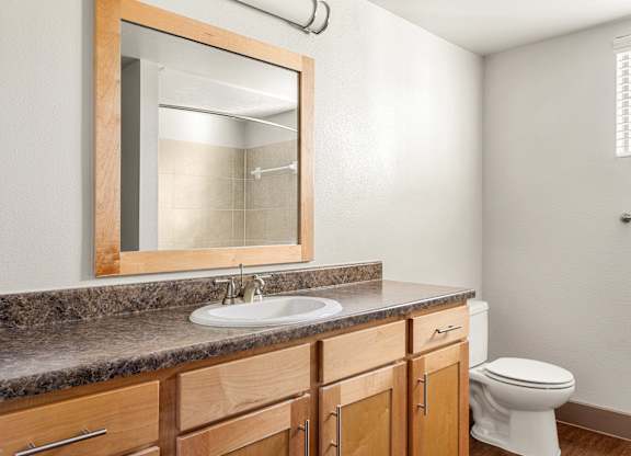 A bathroom with a toilet, sink, and mirror.