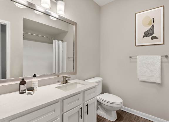 A bathroom with a white toilet, sink, and mirror.