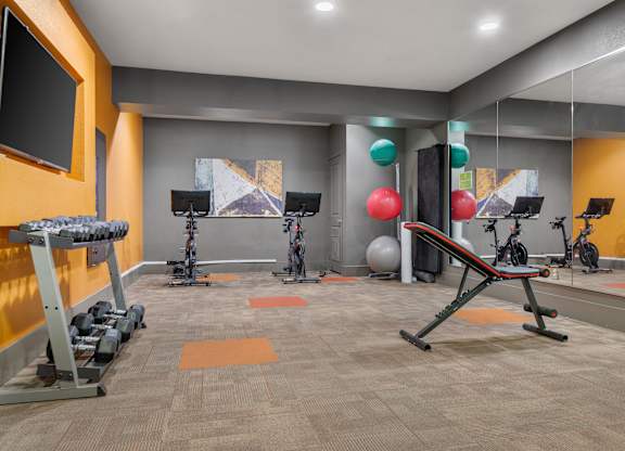 A gym with a variety of equipment including weights and exercise machines.