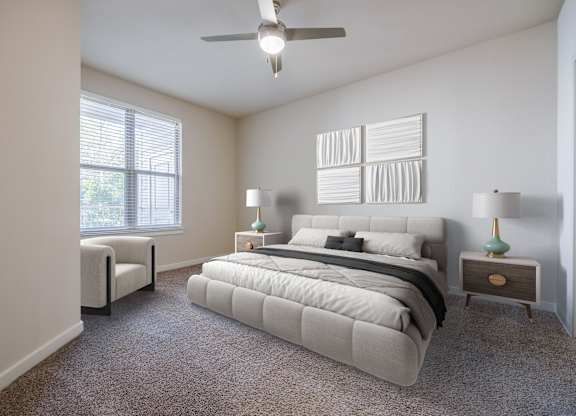 A bedroom with a large bed, a ceiling fan, and a window with blinds.