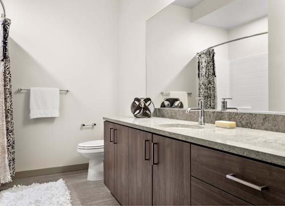 A bathroom with a toilet, sink, and a mirror.