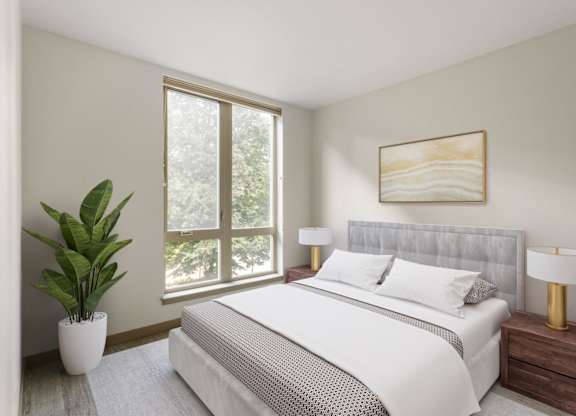 A bedroom with a large bed, a potted plant, and a painting on the wall.