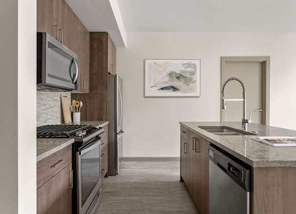 A modern kitchen with a stainless steel dishwasher and a microwave above the stove.