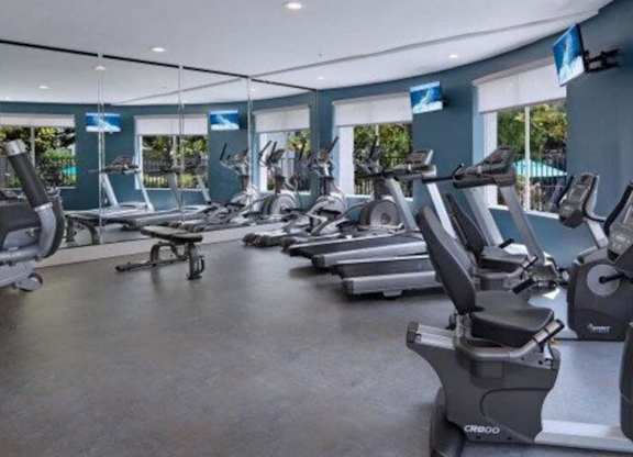 A gym with treadmills and exercise equipment.
