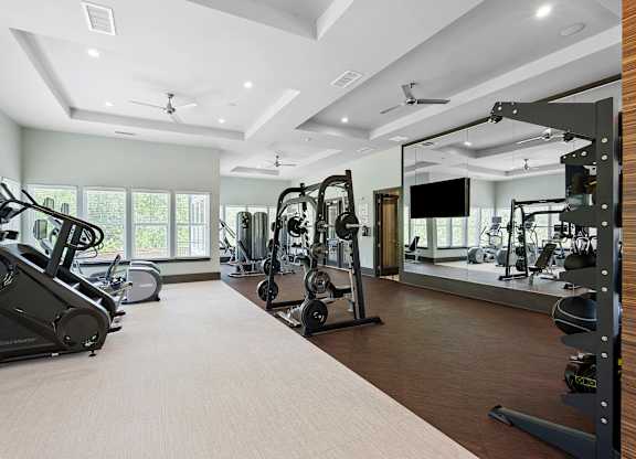 A spacious gym with a variety of equipment including treadmills, weights, and a television.