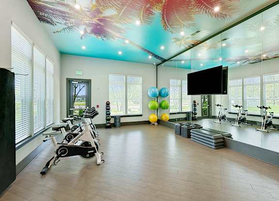 A gym with a row of treadmilers and exercise balls.