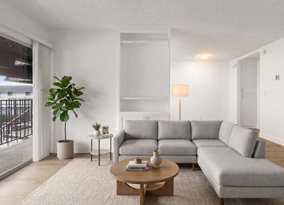 A living room with a grey sofa, a wooden table, and a potted plant.