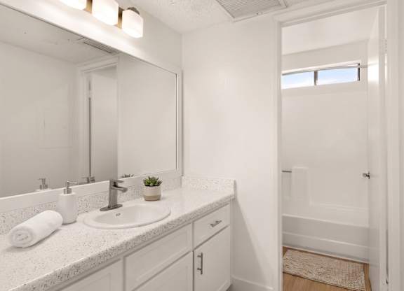 A bathroom with a white sink and a mirror above it.