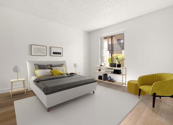 A bedroom with a white bed and yellow chair.