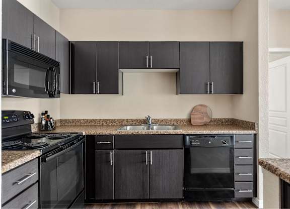 A kitchen with black cabinets and appliances.