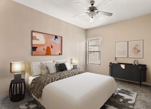 A bedroom with a bed, nightstand, and artwork on the wall.