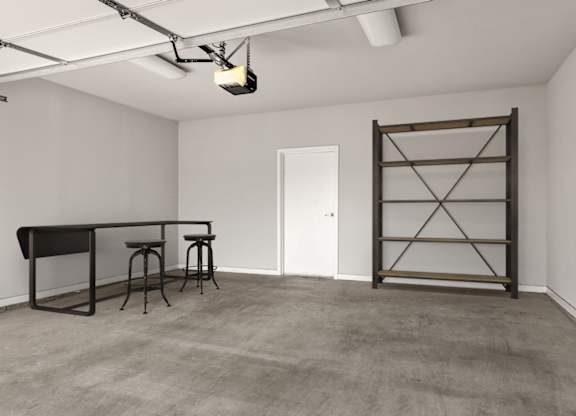 A room with a table, two stools and a shelf.