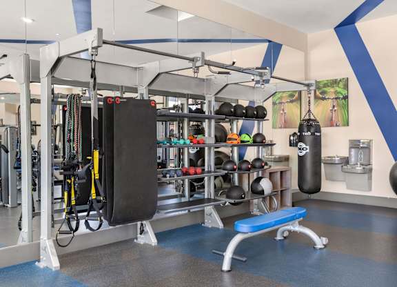 A gym with a bench, weights, and exercise equipment.