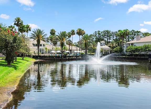 A fountain in the middle of a lake surrounded by palm trees.